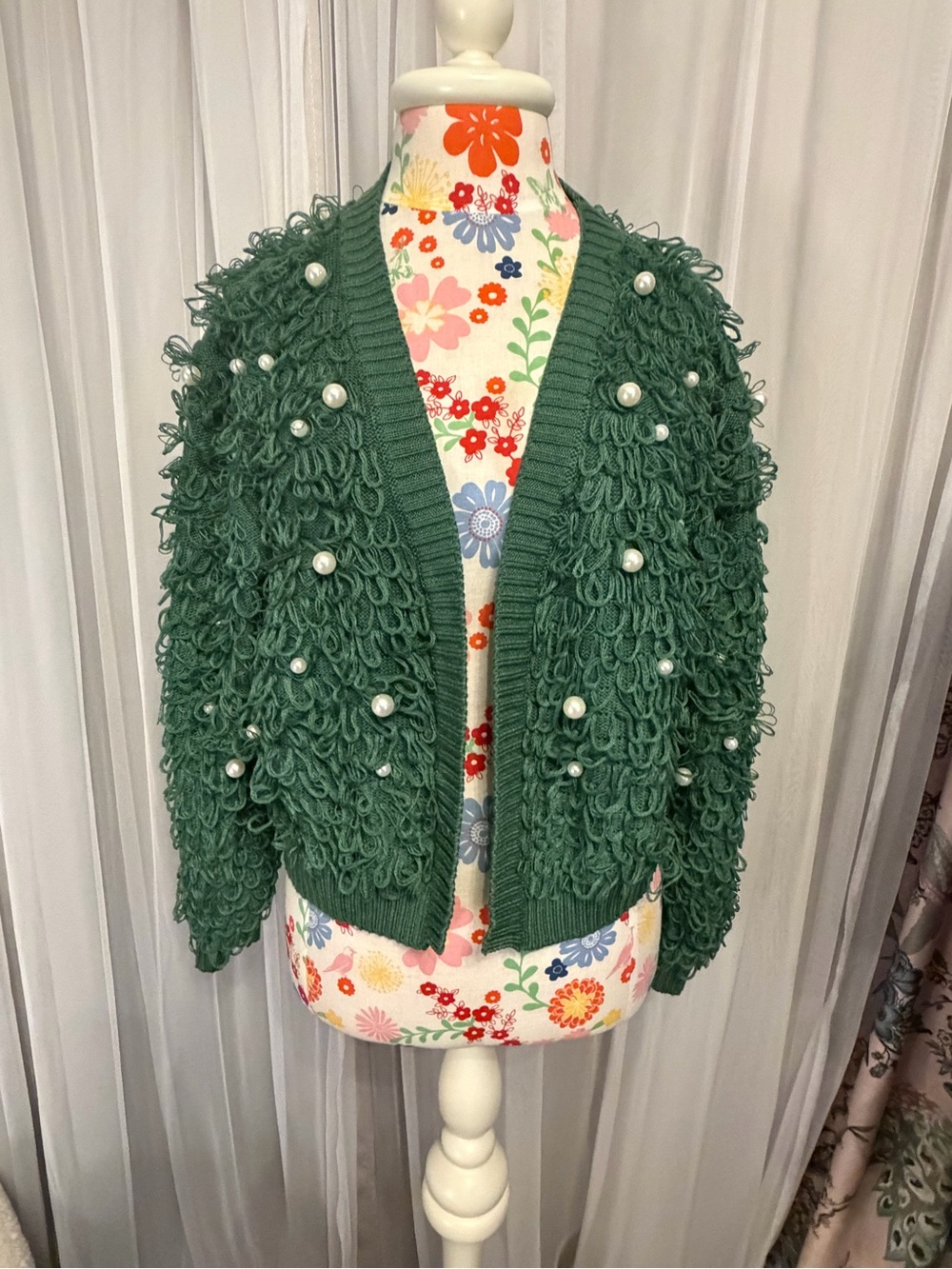 Mighty Fine Green Loop-Knit Cardigan with Pearl Accents